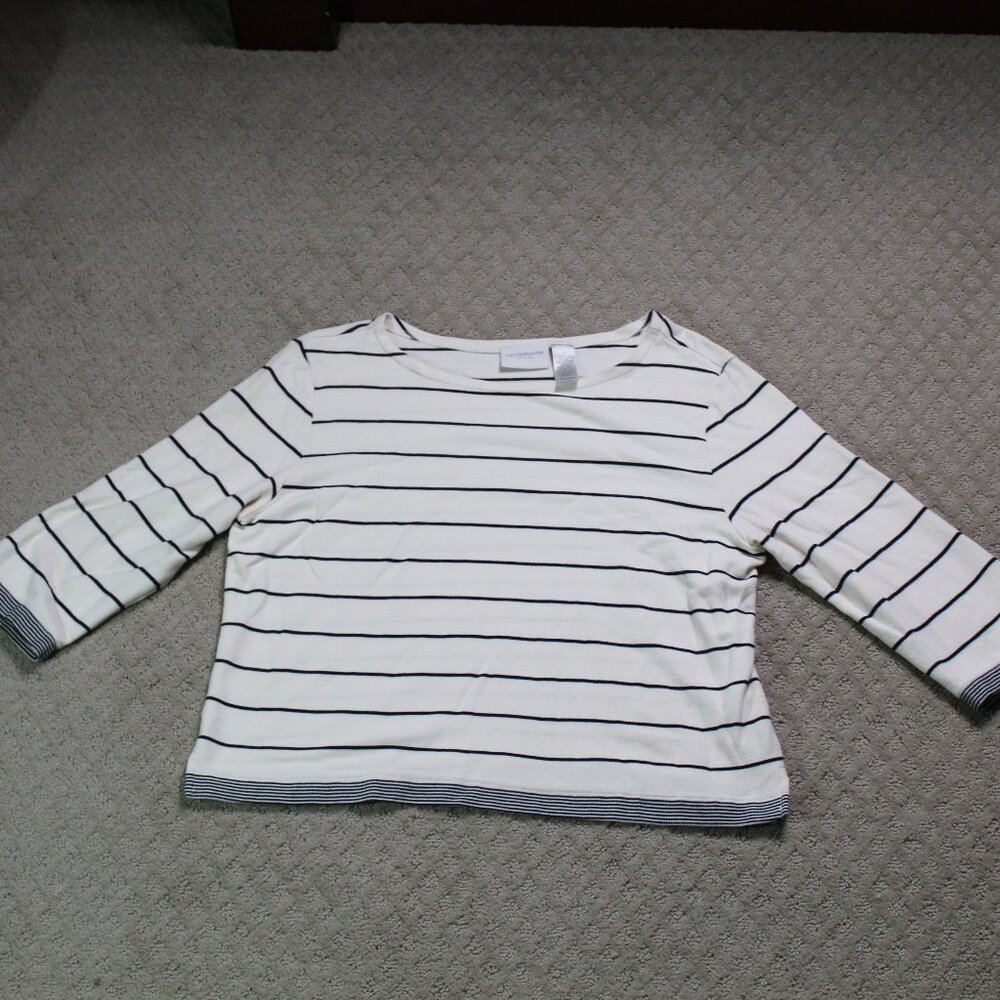 Liz Claiborne Size L Cream Black Striped 3/4 Sleeve Top